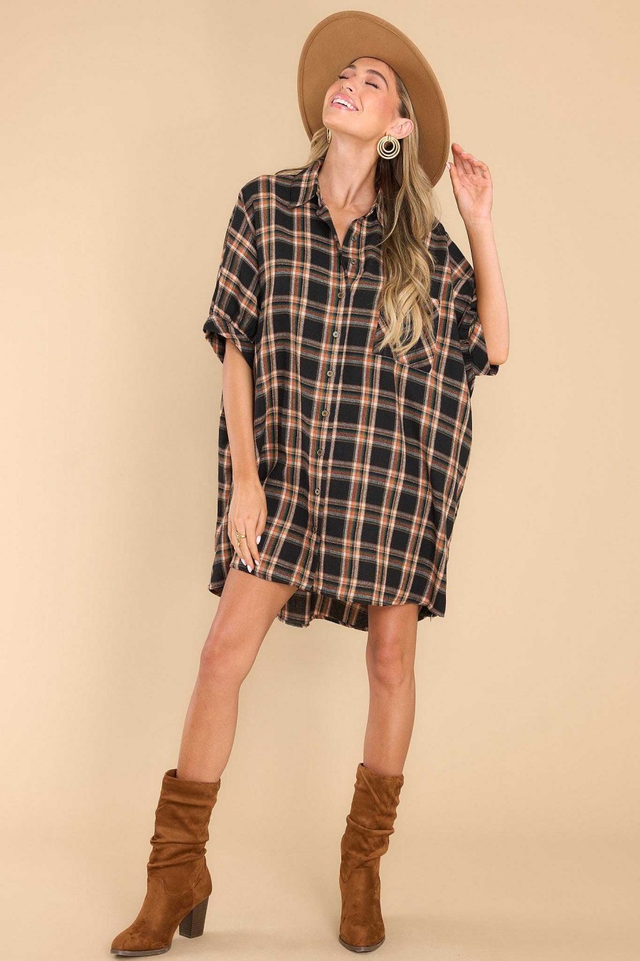 Clothing Red Dress Mini Dresses | Like The First Time Plaid Tunic Top Black