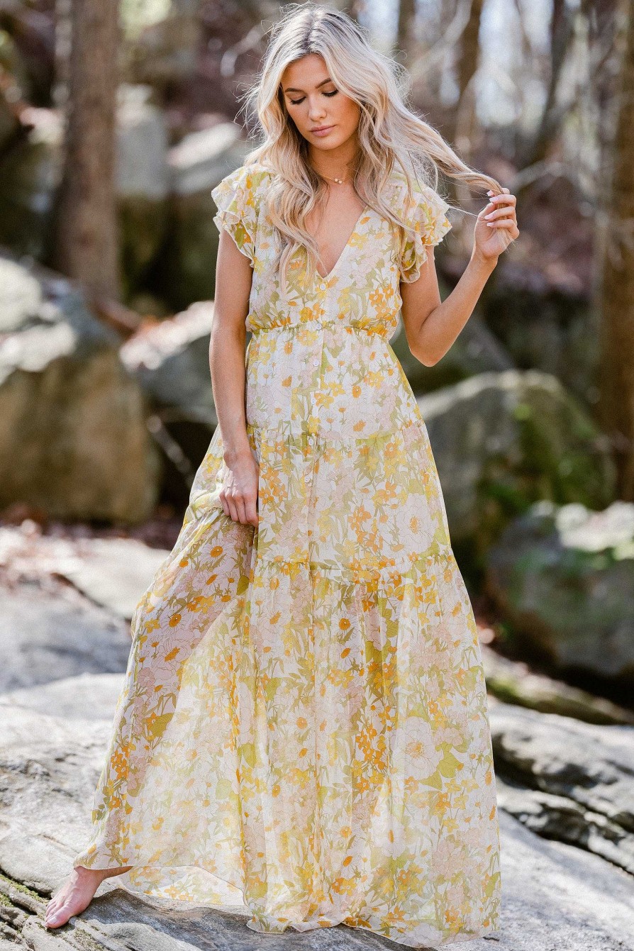 Clothing Aura Maxi Dresses | You'Re My Love And White Floral Print Maxi Dress Yellow
