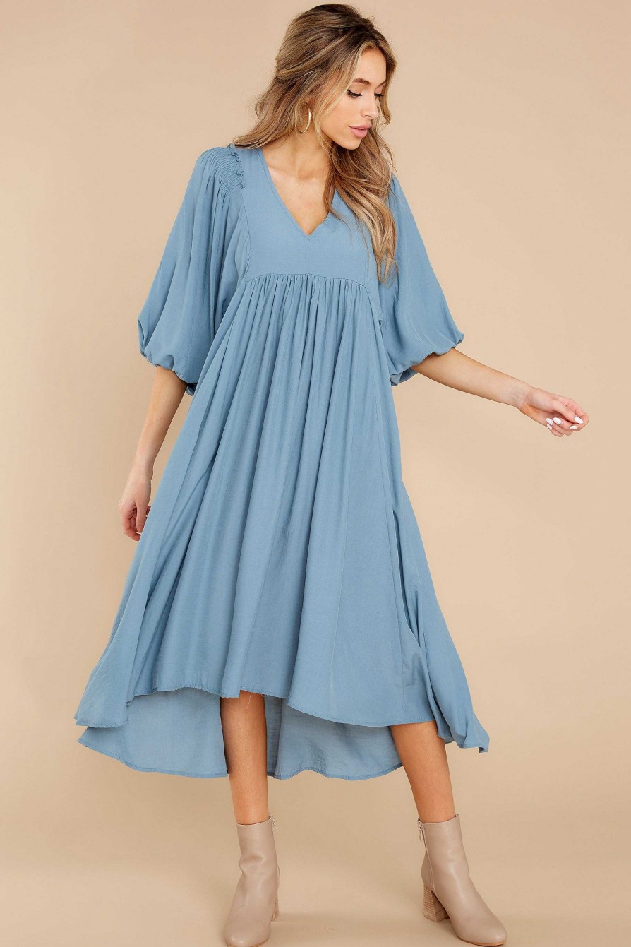 Clothing Red Dress Long Sleeve Dresses | Sweet Interlude High-Low Dress Dusty Blue