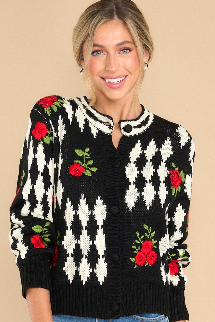 Clothing Red Dress Sweaters | Second Chances Multi Print Cardigan Black