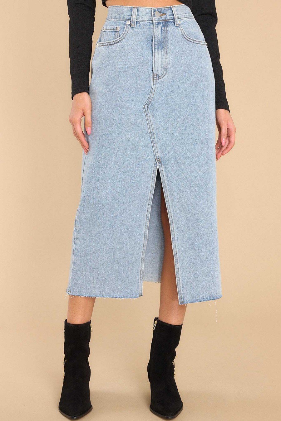 Clothing Red Dress Distressed Denim | Confident Strides Midi Skirt Light Denim