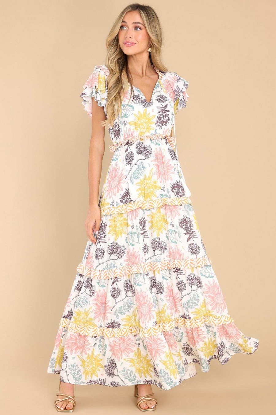 Clothing Aura Maxi Dresses | If You Dare Multi Floral Print Maxi Dress Ivory