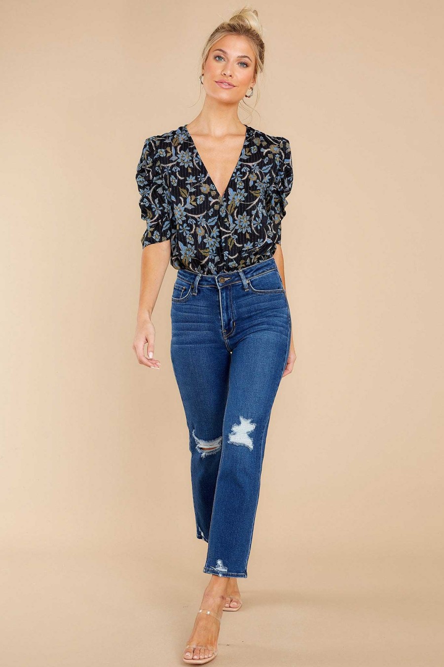 Clothing Red Dress Bodysuits | Chateau Gardens Floral Print Bodysuit Navy