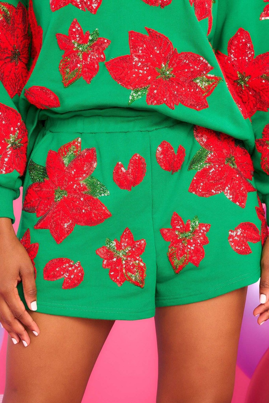 Clothing Queen of Sparkles Loungewear Bottoms | Green & Red Poinsettia Shorts Kelly Green