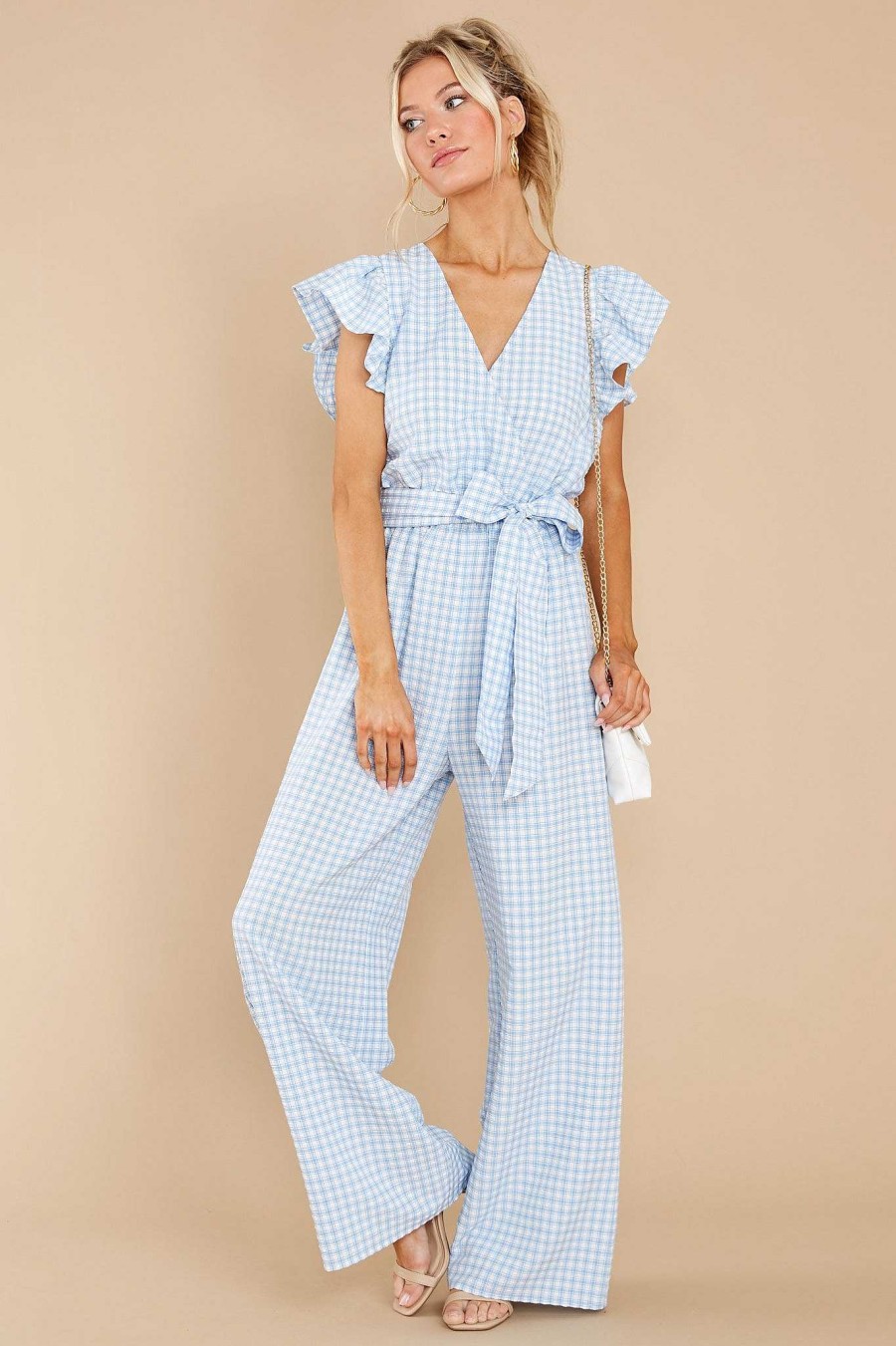 Clothing Aura Jumpsuits | Living In Your Mind Gingham Jumpsuit Blue