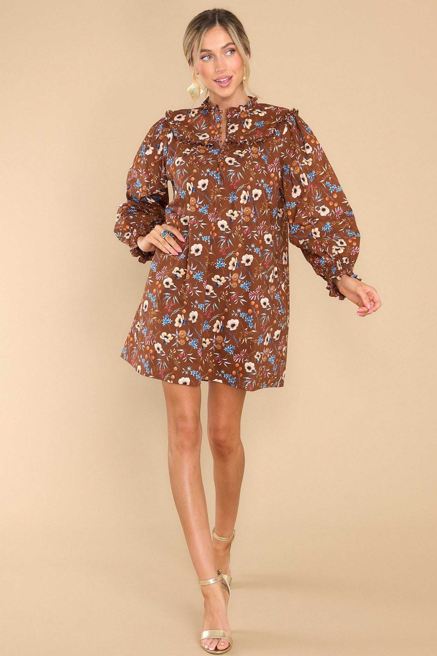 Clothing Olivia James The Label Mini Dresses | Ella Anemone Chocolate Mini Dress Brown