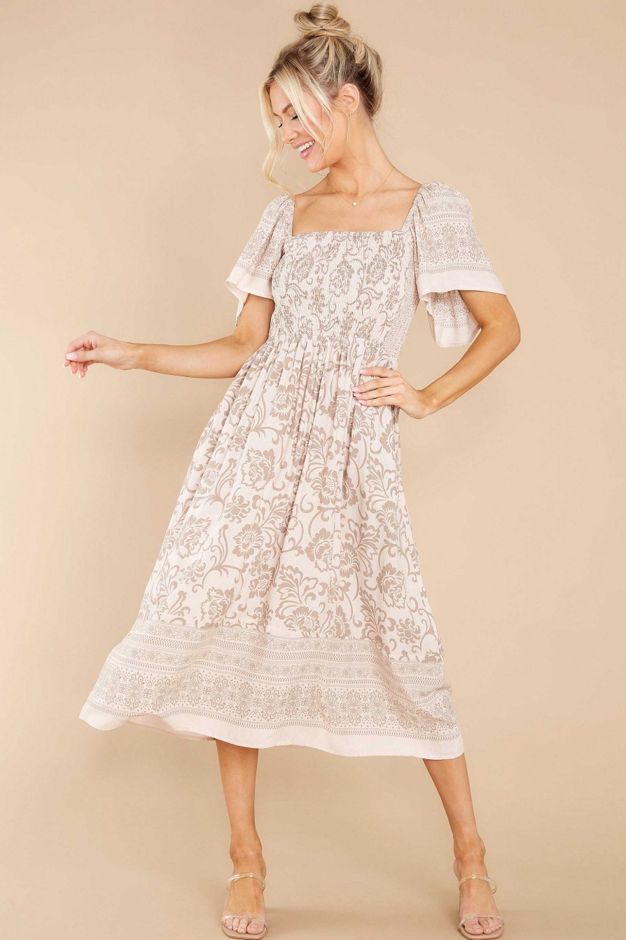 Clothing Aura Midi Dresses | It'S My Honor Taupe Print Midi Dress Beige