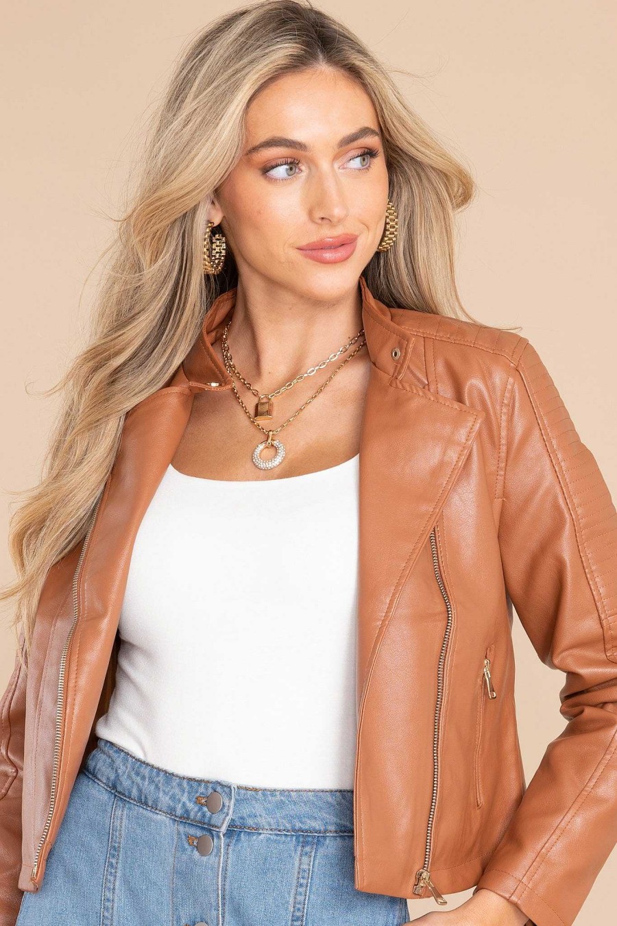 Clothing Red Dress Jackets | Defying The Odds Faux Leather Jacket Caramel