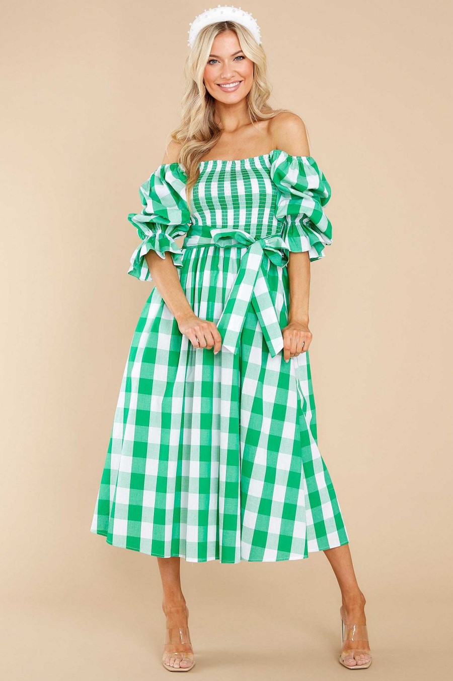 Clothing Aura Midi Dresses | Dignity And Grace Gingham Midi Dress Green