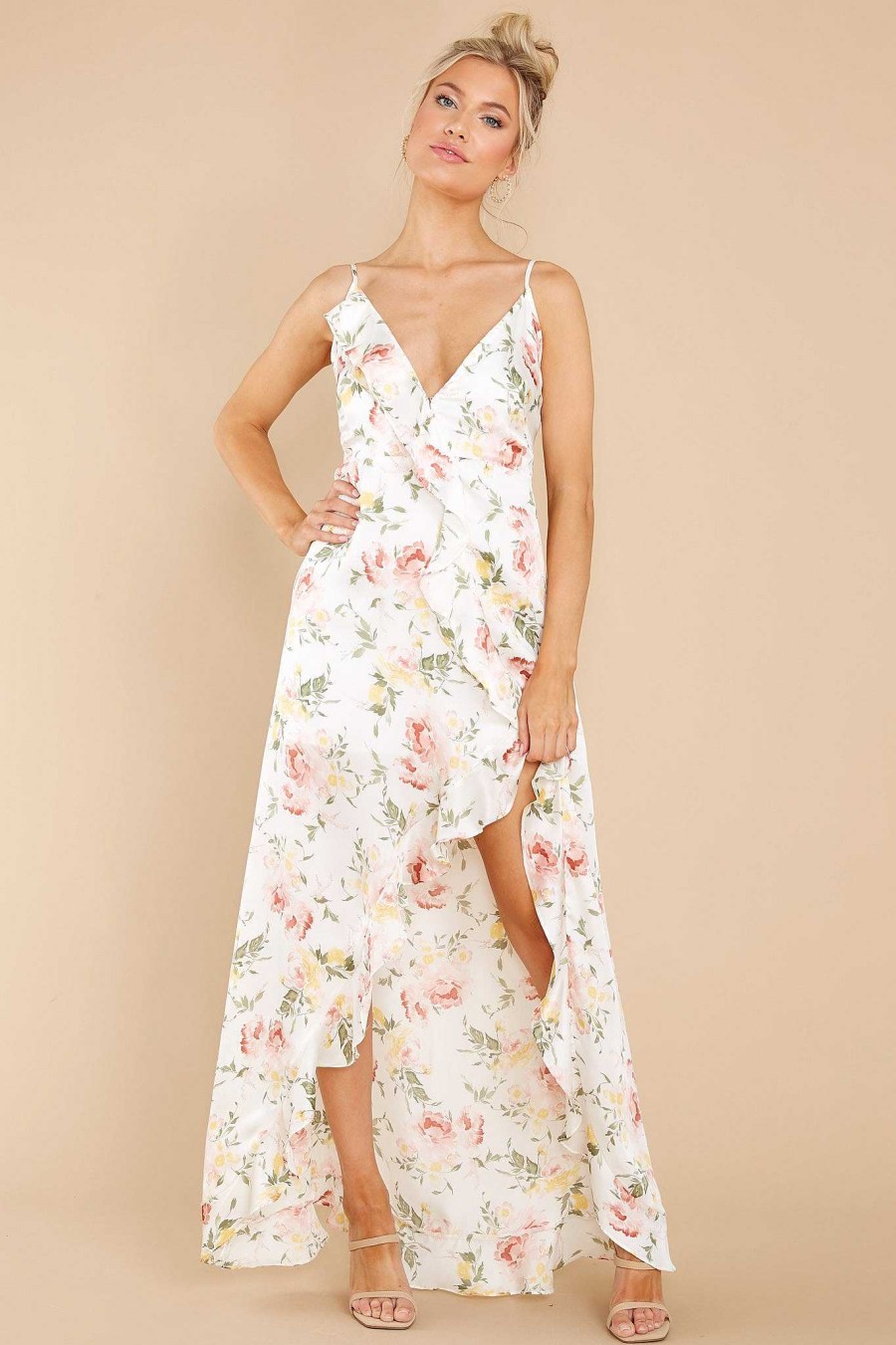 Clothing Red Dress Maxi Dresses | Garden Blooms Floral Print High Low Dress White