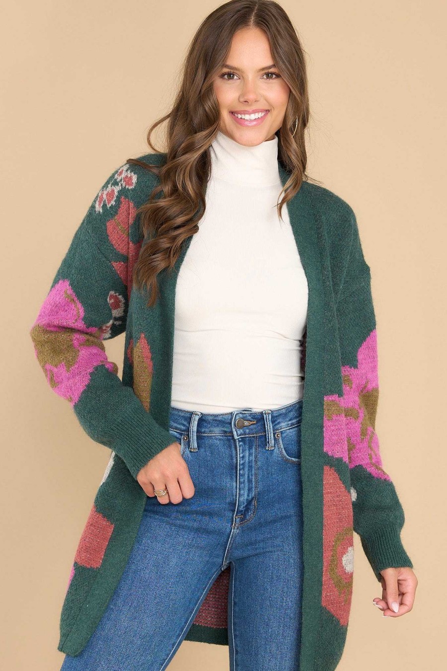 Clothing Red Dress Casual Tops | Refreshing Take Floral Cardigan Hunter Green