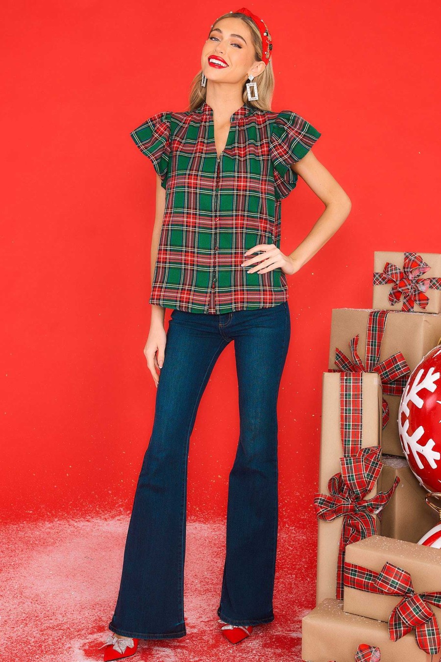 Clothing Aura Blouses & Shirts | Mistletoe Magic Plaid Top Emerald