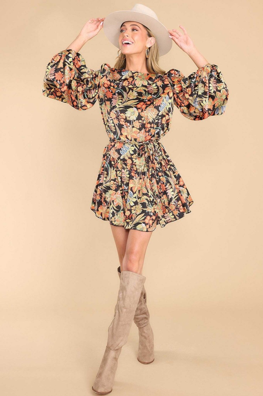 Clothing Red Dress Mini Dresses | Spontaneous Love Floral Print Mini Dress Black