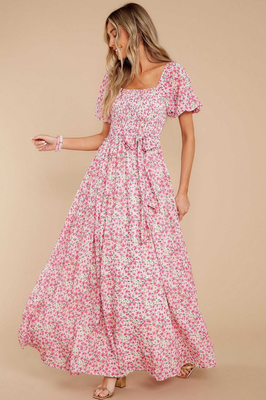 Clothing Aura Maxi Dresses | Showers Of Roses Floral Print Maxi Dress Pink
