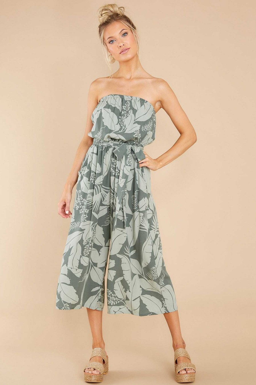 Clothing Red Dress Jumpsuits | Always Free Olive Tropical Print Jumpsuit Green