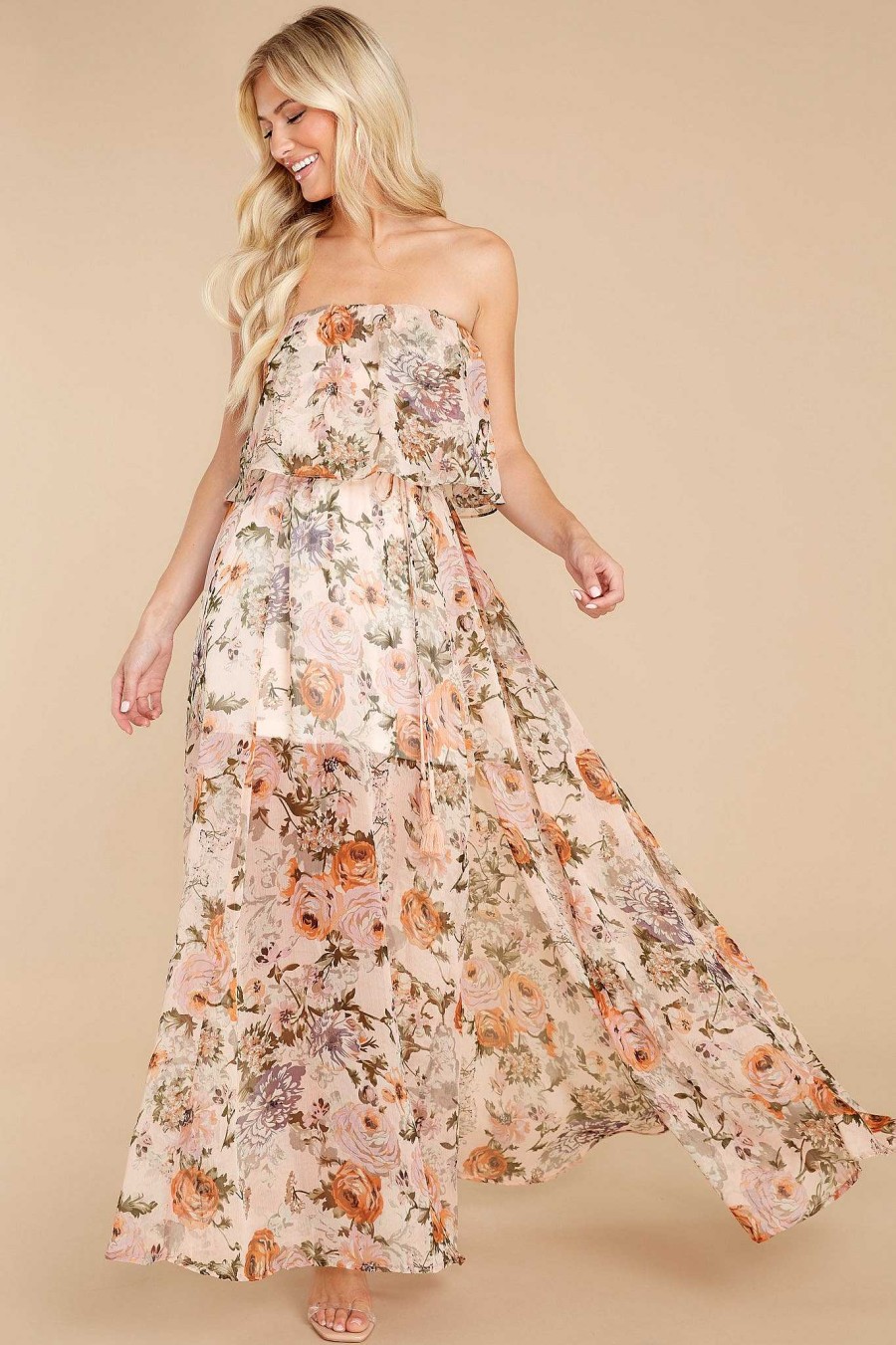 Clothing Red Dress Maxi Dresses | Timeless Love Floral Print Maxi Dress Peach