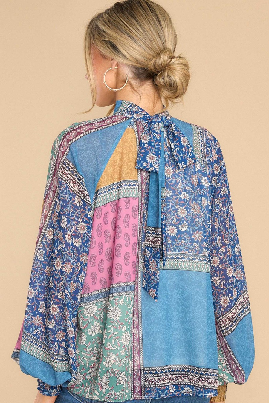 Clothing Aura Blouses & Shirts | Captivating Heart Patchwork Print Top Dusty Blue