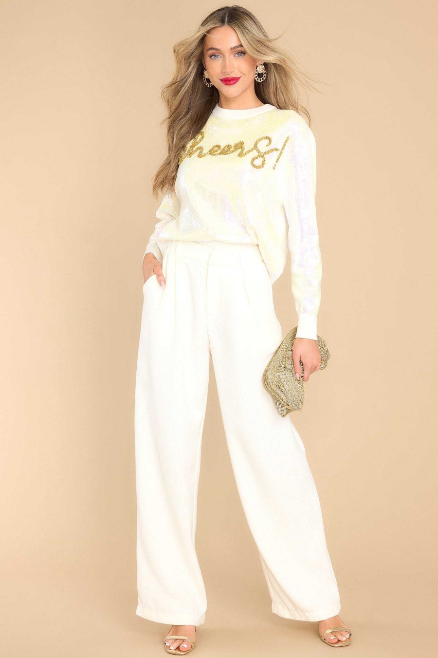 Clothing Queen of Sparkles Sweaters | White Full Sequin Cheers Sweater Ivory