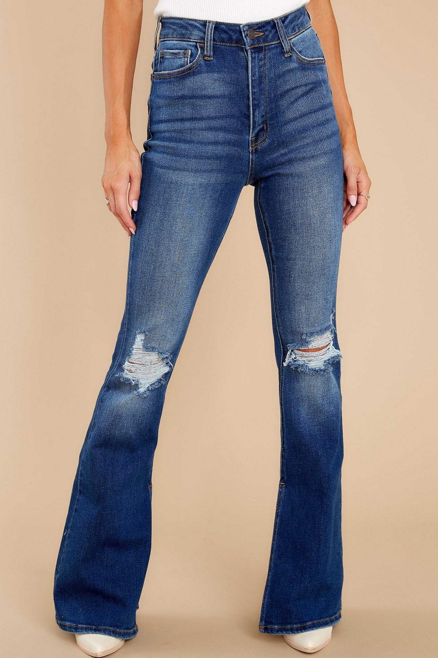 Clothing Red Dress Wide Leg | Surprise Them Distressed Flare Jeans Dark Wash