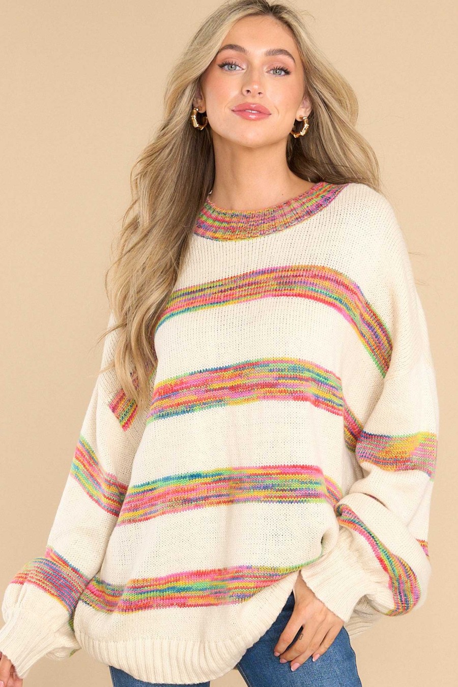Clothing Red Dress Casual Tops | Holding On Tight Multi Stripe Sweater Ivory