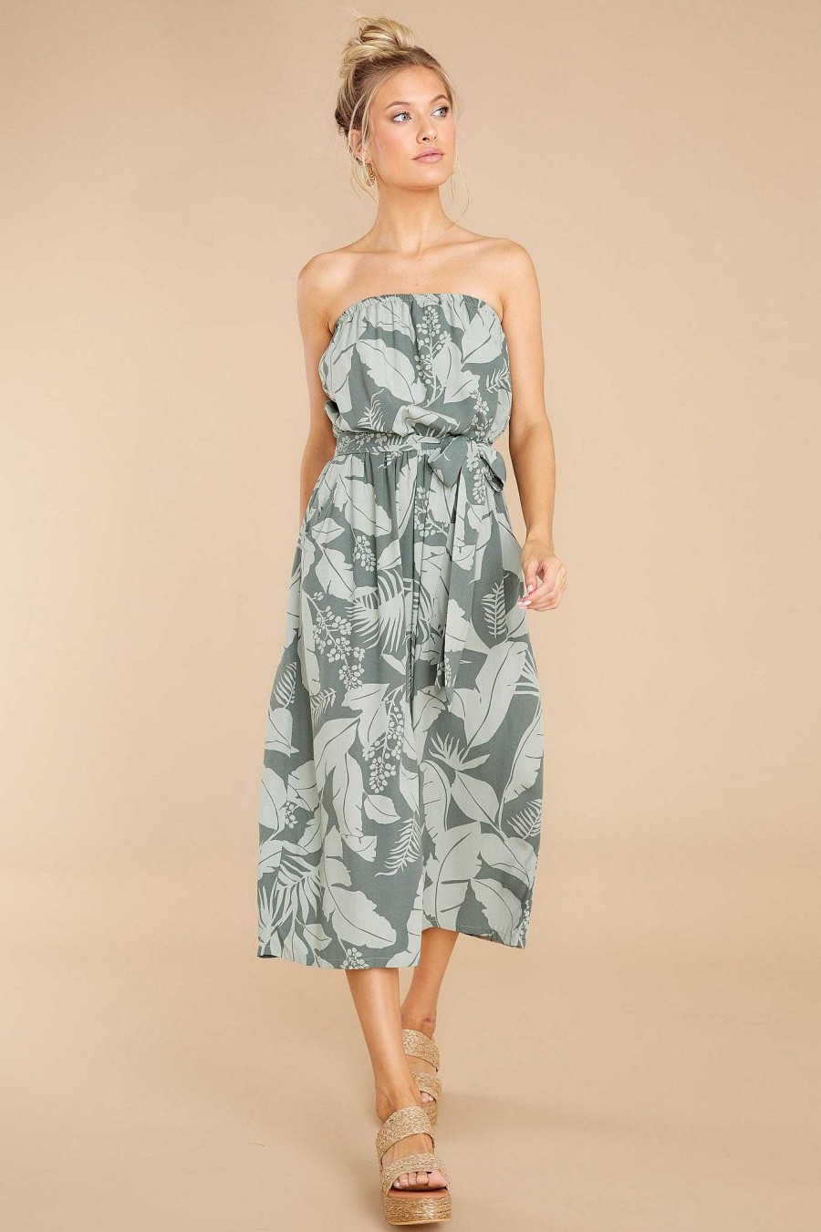 Clothing Red Dress Jumpsuits | Always Free Olive Tropical Print Jumpsuit Green