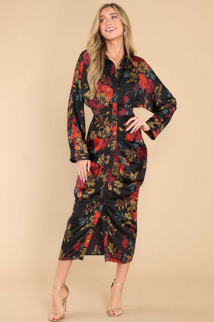 Clothing Red Dress Midi Dresses | Garden Of Desires Floral Print Maxi Dress Black