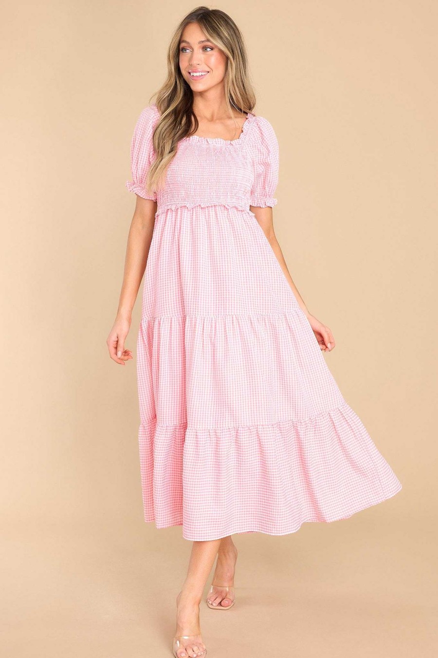 Clothing Aura Midi Dresses | Acts Of Kindness Gingham Midi Dress Coral Pink