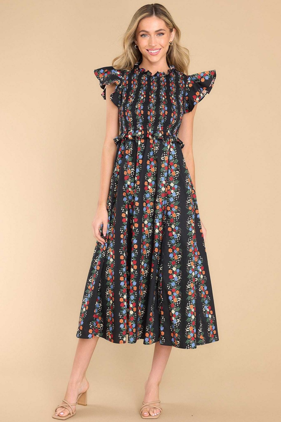 Clothing Olivia James The Label Midi Dresses | Lila Alpine Stripe Dress Black