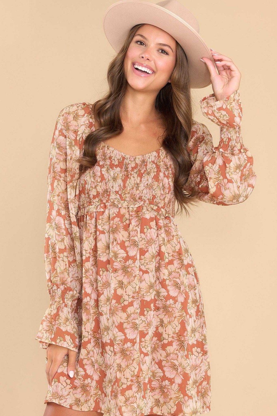 Clothing Red Dress Long Sleeve Dresses | Autumn Blossom Floral Print Dress Brick Red