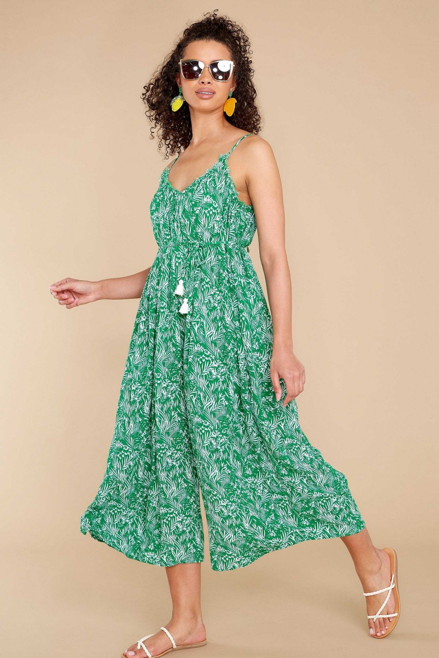 Clothing Red Dress Jumpsuits | Beat Around The Bush Leaf Print Jumpsuit Green