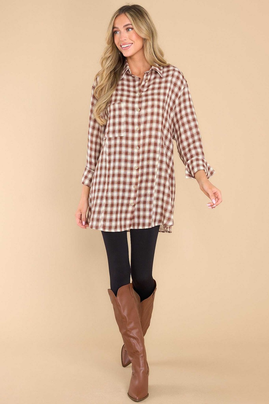 Clothing Red Dress Casual Tops | Word To The Wise Plaid Top Brown