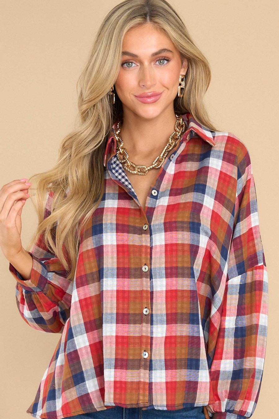 Clothing Aura Casual Tops | Doesn'T Add Up Multi Plaid Top Red