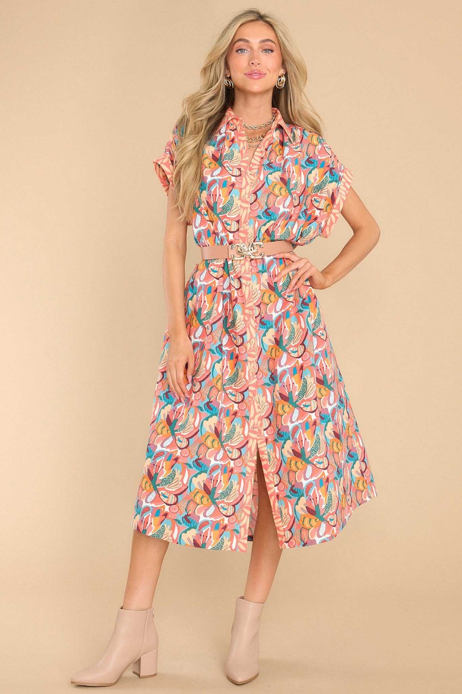 Clothing Aura Midi Dresses | Just A Feeling Coral Floral Print Midi Dress Multi