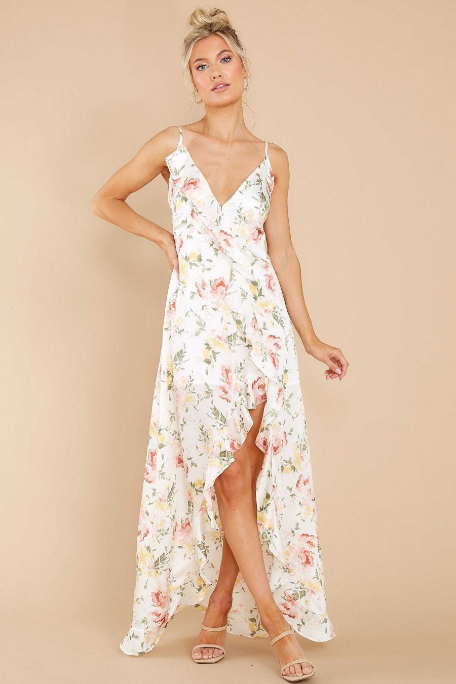 Clothing Red Dress Maxi Dresses | Garden Blooms Floral Print High Low Dress White