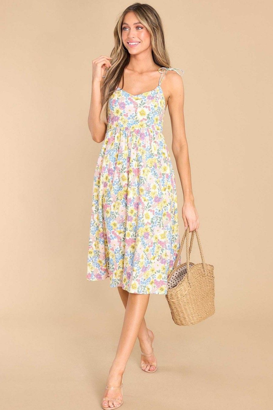 Clothing Aura Midi Dresses | Chasing Sun Beams Multi Floral Print Midi Dress Yellow