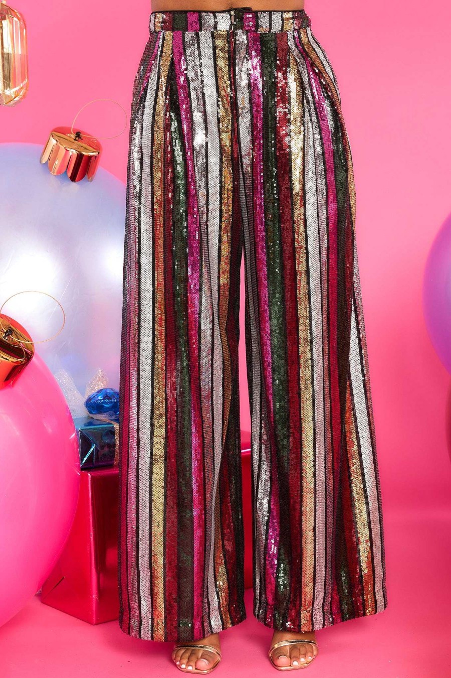 Clothing Red Dress Two Piece Sets | Keeping Track Multi Stripe Sequin Pants Black