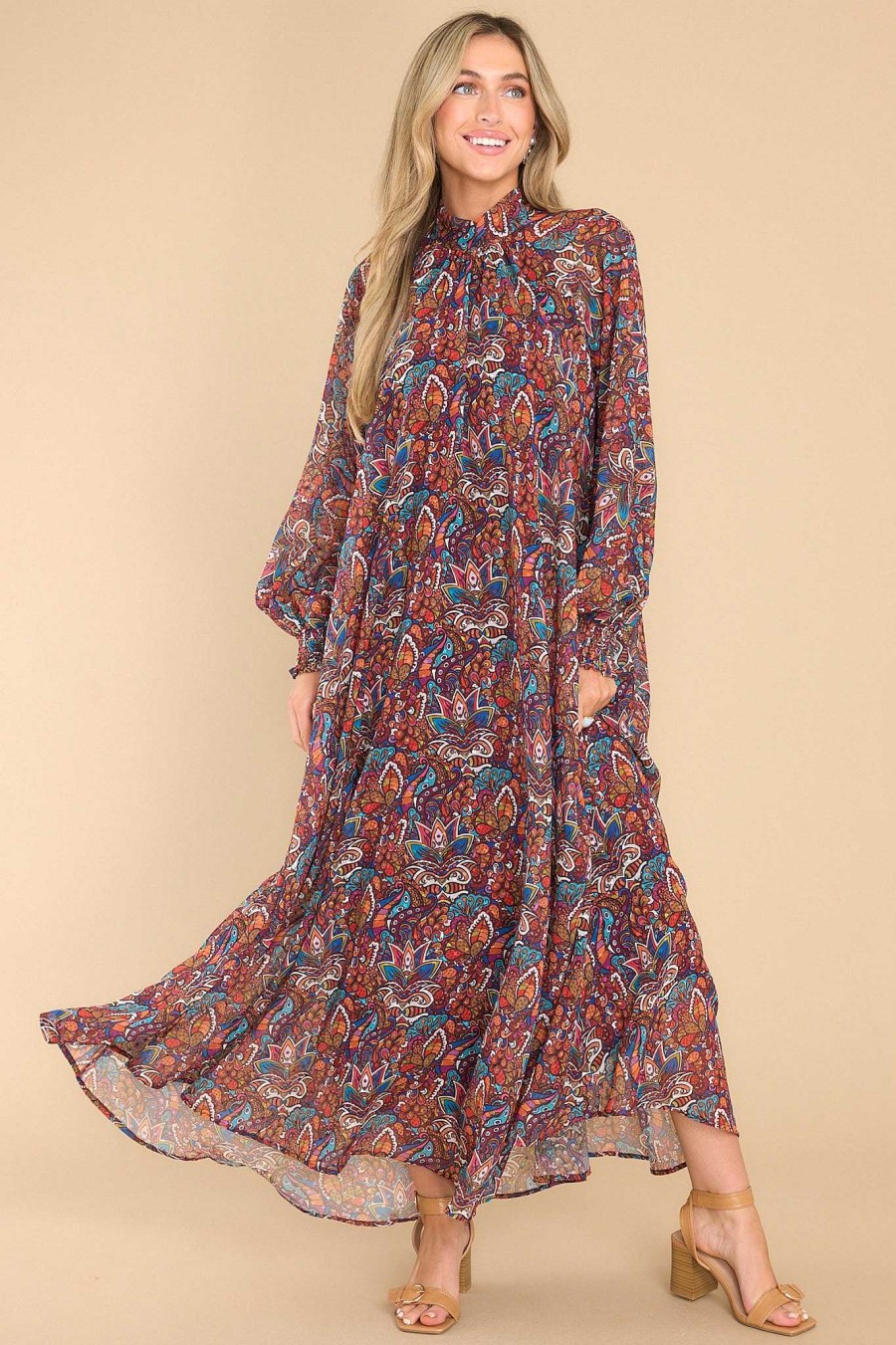 Clothing Aura Maxi Dresses | Wise Woman Multi Print Maxi Dress Burgundy