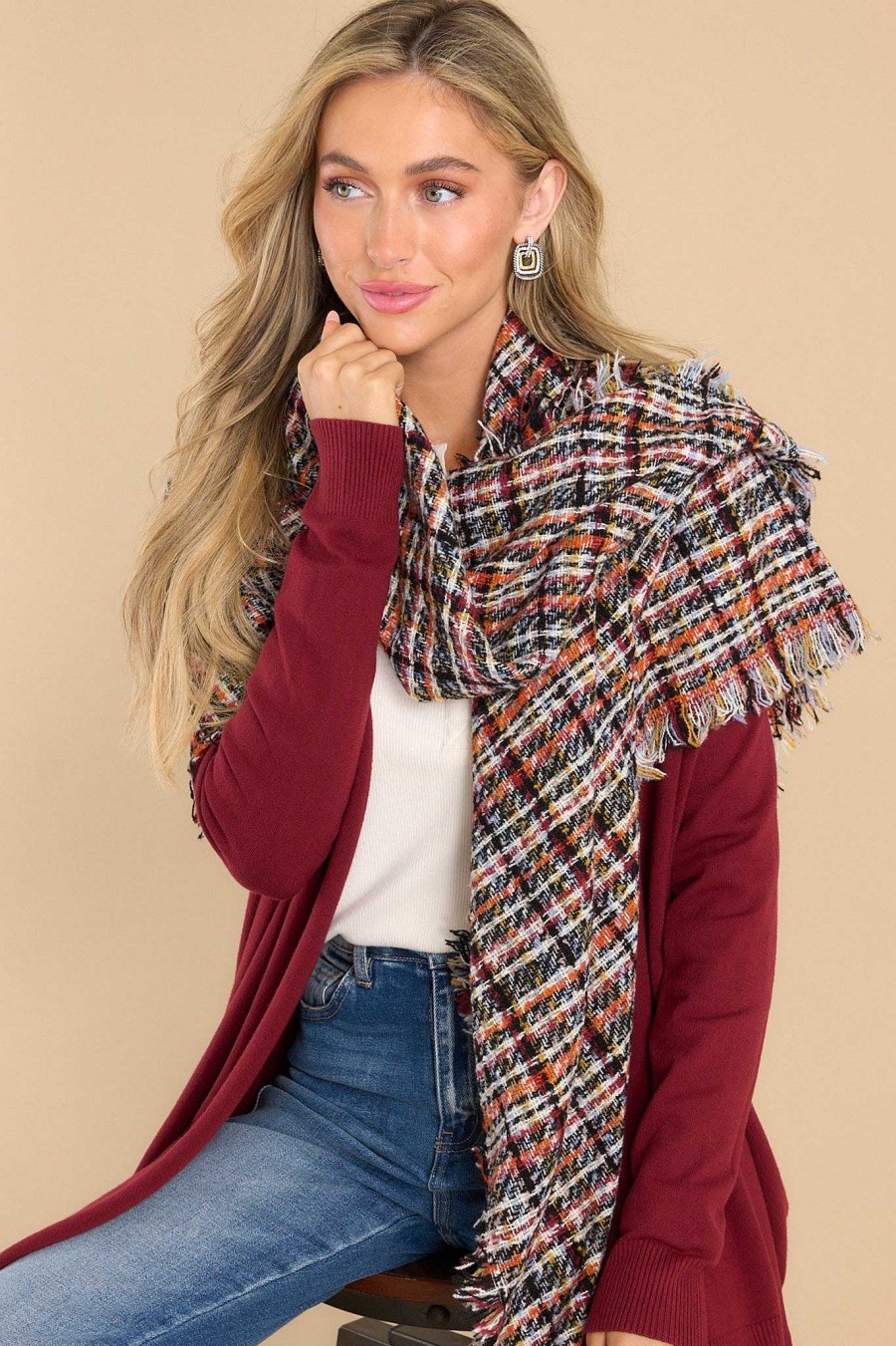 Accessories Red Dress Scarves | Saw The Signs And Orange Plaid Scarf Black