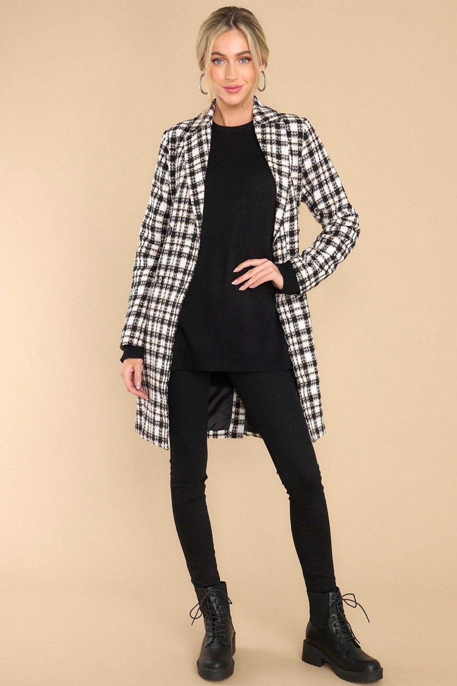 Clothing Aura Coats | Classically Chic And White Plaid Coat Black