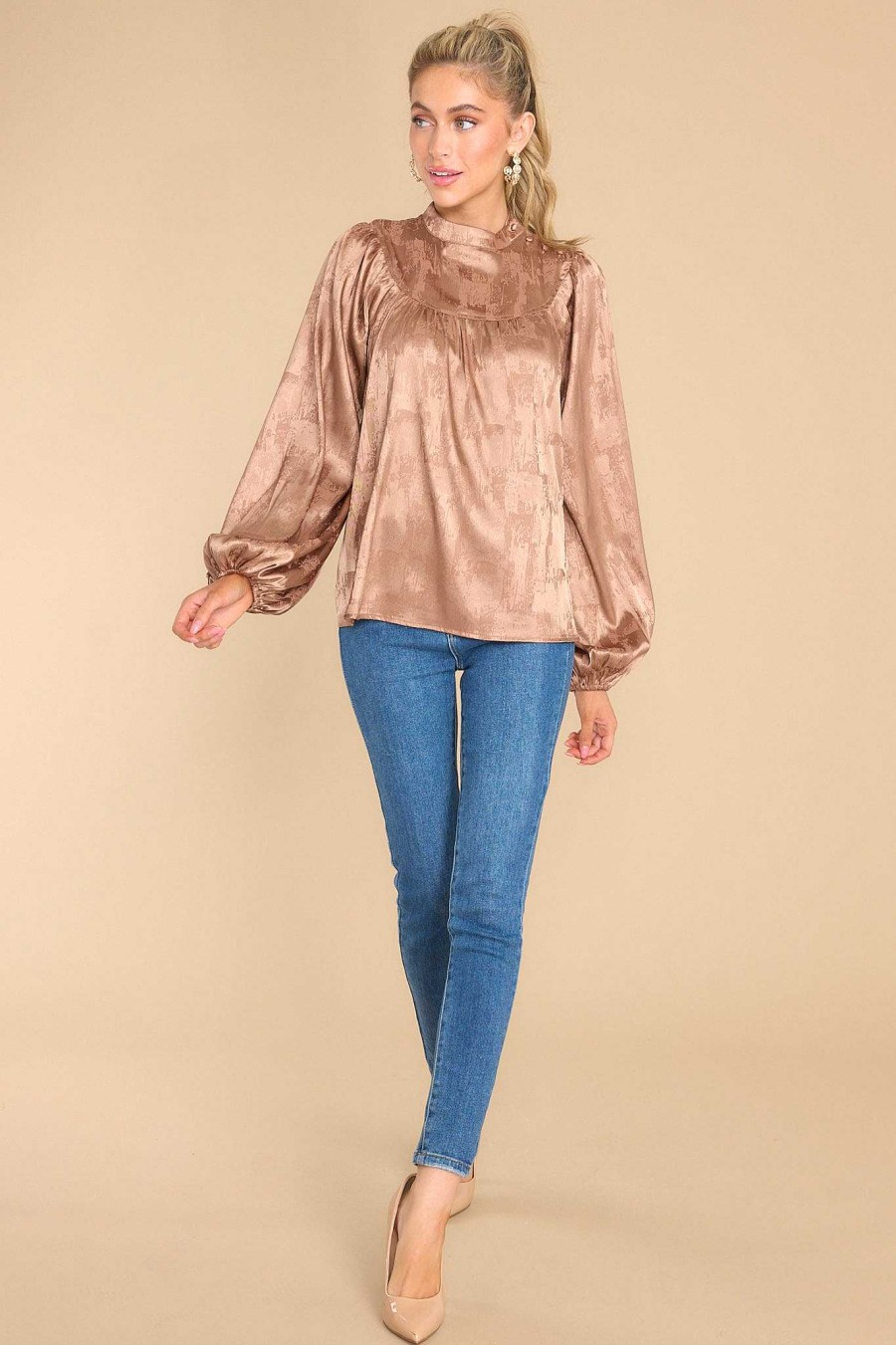 Clothing Aura Blouses & Shirts | Deserving Praise Light Satin Top Mocha