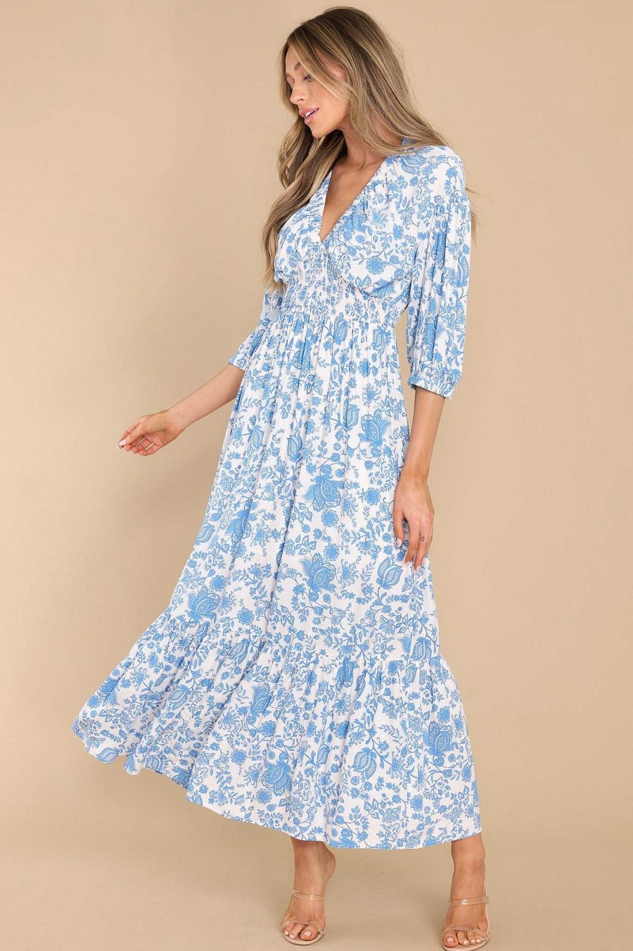 Clothing Red Dress Long Sleeve Dresses | Rain Check Floral Print Dress Blue