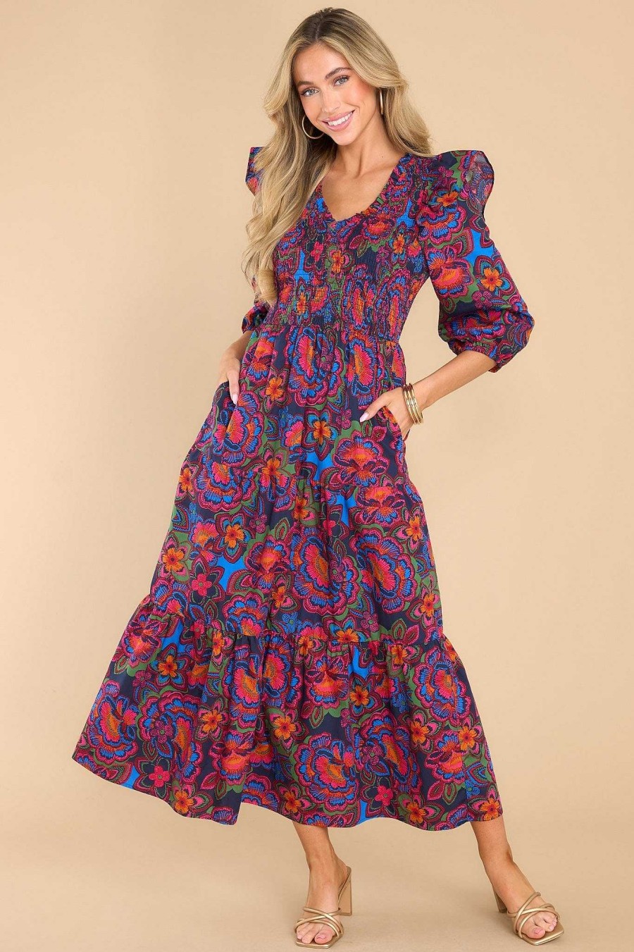 Clothing Red Dress Midi Dresses | Things Change Floral Midi Dress Navy