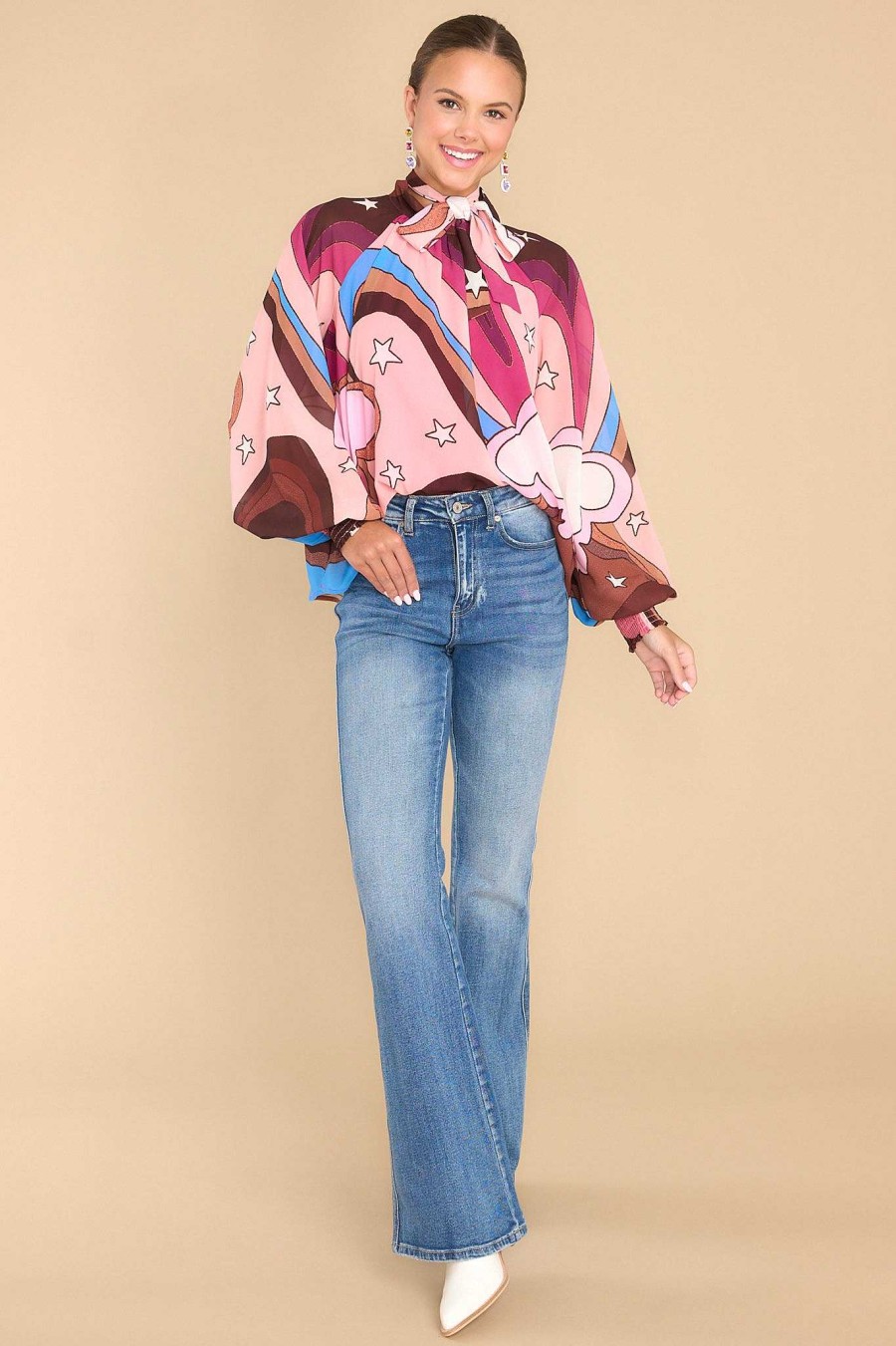 Clothing Aura Blouses & Shirts | Vivid Imagination Berry Multi Print Top Raspberry