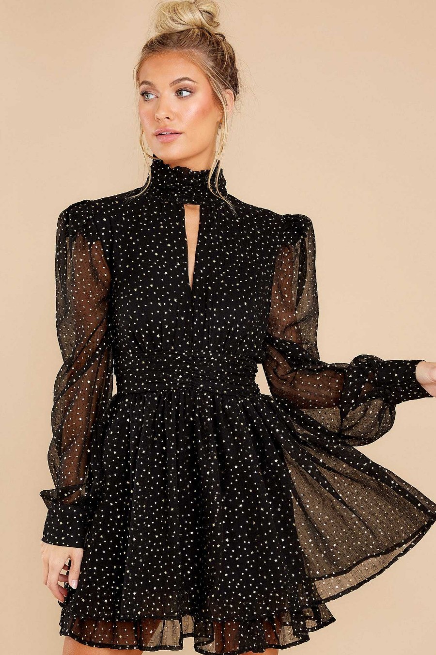 Clothing Red Dress Mini Dresses | Glimmering Skies And Gold Print Dress Black