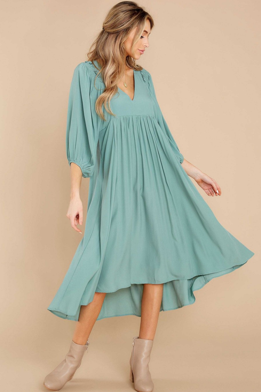 Clothing Red Dress Long Sleeve Dresses | Sweet Interlude High-Low Dress Sage