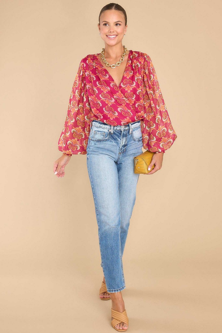 Clothing Aura Casual Tops | Late Nights Multi Print Bodysuit Magenta