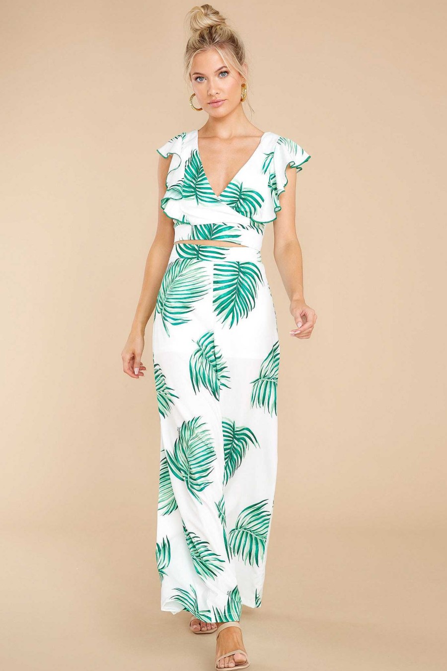 Clothing Red Dress Two Piece Sets | Waterfront Views And Green Palm Print Two Piece Set White