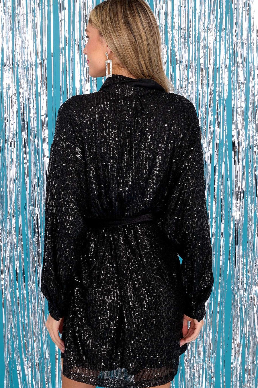 Clothing Aura Mini Dresses | Winter'S Embrace Sequin Dress Black