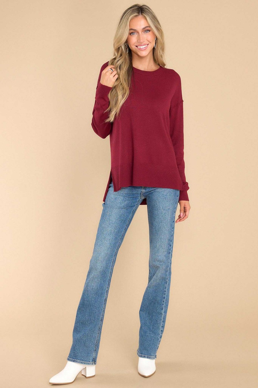 Clothing Red Dress Casual Tops | Bonfire Weekends Sweater Burgundy