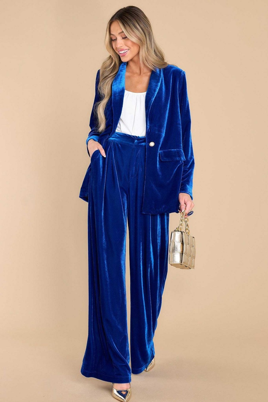 Clothing Aura Two Piece Sets | Boss Babe Velvet Blazer Royal Blue